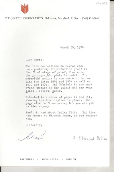 [Carta] 1970 Mar. 30, Baltimore, Maryland, [EE.UU.] [a] Dear Doris [Dana], [EE.UU.]