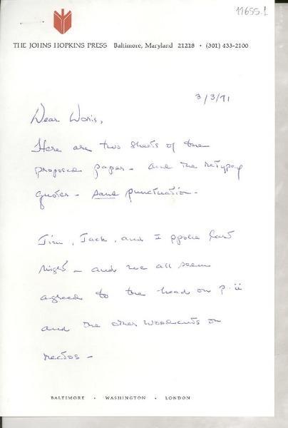 [Carta] 1971 Mar. 3, [Baltimore, Maryland, Estados Unidos] [a] Dear Doris