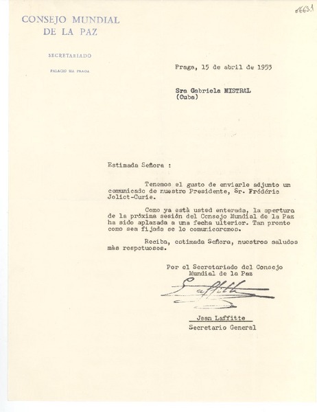 [Carta] 1953 abr. 15, Praga [a] Gabriela Mistral, Cuba