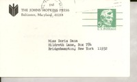 [Tarjeta] 1971 Jan. 27, [Baltimore, Maryland, Estados Unidos] [a] Miss Doris Dana, Hildreth Lane, Box 784, Bridgehampton, New York