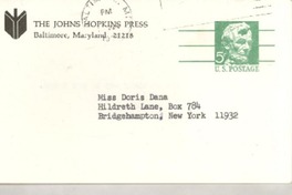 [Tarjeta] 1971 Jan. 27, [Baltimore, Maryland, Estados Unidos] [a] Miss Doris Dana, Hildreth Lane, Box 784, Bridgehampton, New York