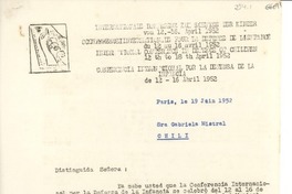 [Carta] 1952 jun. 19, París [a] Gabriela Mistral, Chile