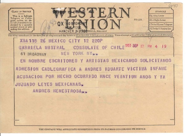 [Telegrama] 1953 sept. 12, México D.F. [a] Gabriela Mistral, New York, [EE.UU.]