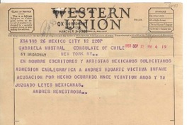 [Telegrama] 1953 sept. 12, México D.F. [a] Gabriela Mistral, New York, [EE.UU.]