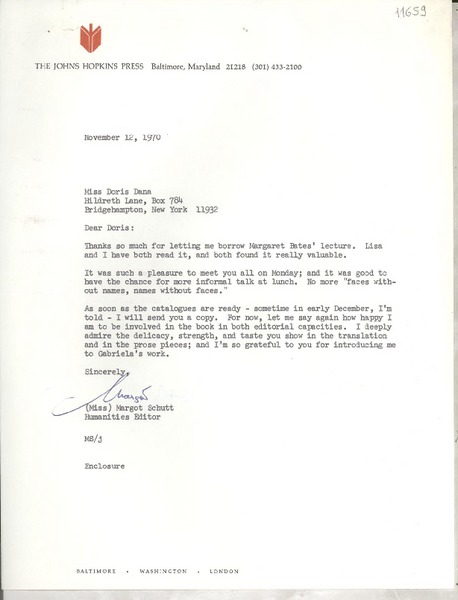 [Carta] 1970 Nov. 12, [Baltimore, Maryland, Estados Unidos] [a] Miss Doris Dana, Hildreth Lane, Box 784, Bridgehampton, New York