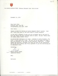 [Carta] 1970 Nov. 12, [Baltimore, Maryland, Estados Unidos] [a] Miss Doris Dana, Hildreth Lane, Box 784, Bridgehampton, New York