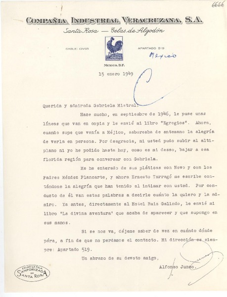[Carta] 1949 ene. 15, México D. F. [a] Gabriela Mistral