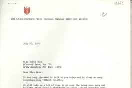 [Carta] 1970 July 20, [Baltimore, Maryland, Estados Unidos] [a] Miss Doris Dana, Hildreth Lane, Box 784, Bridgehampton, New York