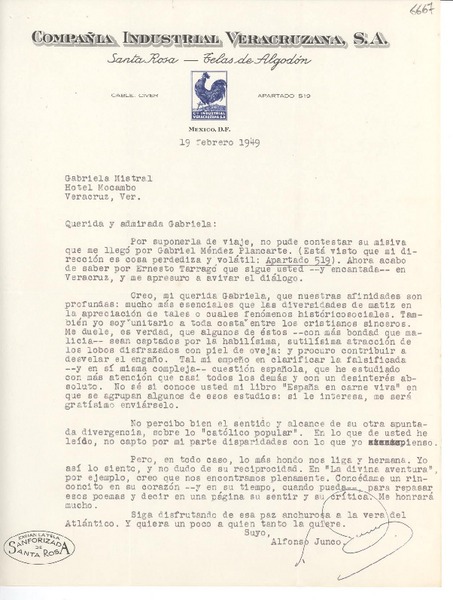 [Carta] 1949 feb. 19, México D. F. [a] Gabriela Mistral, Veracruz