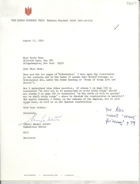 [Carta] 1970 Aug. 12, [Baltimore, Maryland, Estados Unidos] [a] Miss Doris Dana, Hildreth Lane, Box 784, Bridgehampton, New York