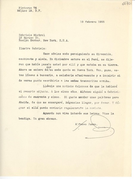 [Carta] 1955 feb. 19, México D. F. [a] Gabriela Mistral, Roslyn Harbor, New York