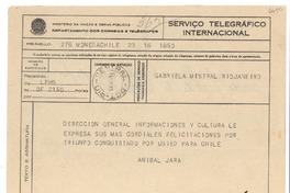 [Telegrama] 1945 nov. 16, [Santiago], Chile [a] Gabriela Mistral, Rio de janeiro, [Brasil]