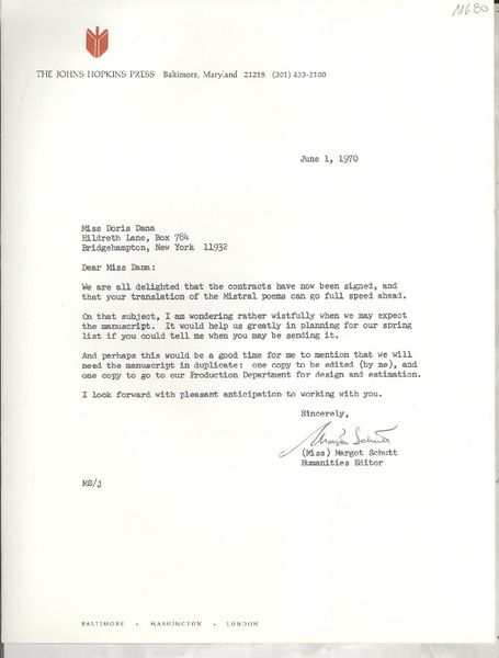 [Carta] 1970 June 1, Baltimore Maryland, [EE.UU.] [a] Miss Doris Dana, Bridgehampton, New York, [EE.UU.]
