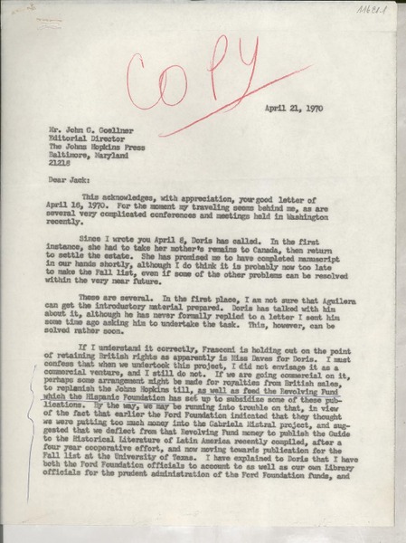 [Carta] 1970 Apr. 21, Hispanic Foundation, [EE.UU.] [a] Mr. John G. Goellner, Editorial Director, The Johns Hopkins Press, Baltimore, Maryland, [EE.UU.]