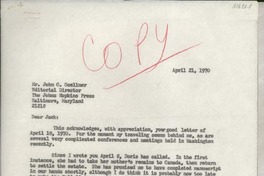 [Carta] 1970 Apr. 21, Hispanic Foundation, [EE.UU.] [a] Mr. John G. Goellner, Editorial Director, The Johns Hopkins Press, Baltimore, Maryland, [EE.UU.]