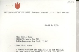 [Carta] 1970 Apr. 1, Baltimore Maryland, [EE.UU.] [a] Miss Doris Dana, Bridgehampton, New York, [EE.UU.]
