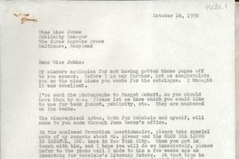[Carta] 1970 Oct. 16, [Estados Unidos] [a] Miss Lisa Johns, Publicity Manager the Johns Hopkins Press, Baltimore, Maryland
