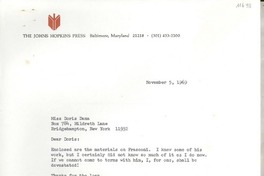 [Carta] 1969 Nov. 5, Baltimore, Maryland, [EE.UU.] [a] Miss Doris Dana, Bridgehampton, New York, [EE.UU.]