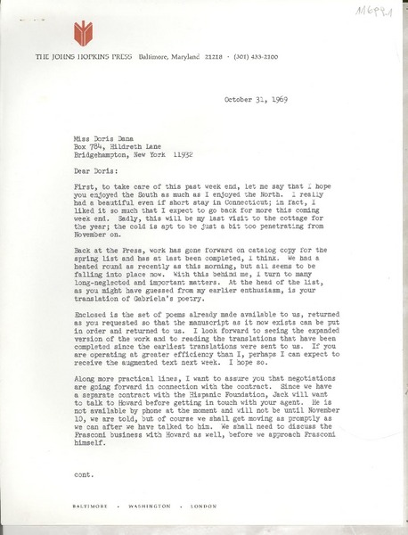 [Carta] 1969 Oct. 31, Baltimore, Maryland, [EE.UU.] [a] Miss Doris Dana, Bridgehampton, New York, [EE.UU.]