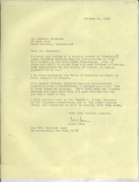 [Carta] 1969 Oct. 12, [EE.UU.] [a] Mr. Antonio Frasconi, South Norwalk, Connecticut, [EE.UU.]