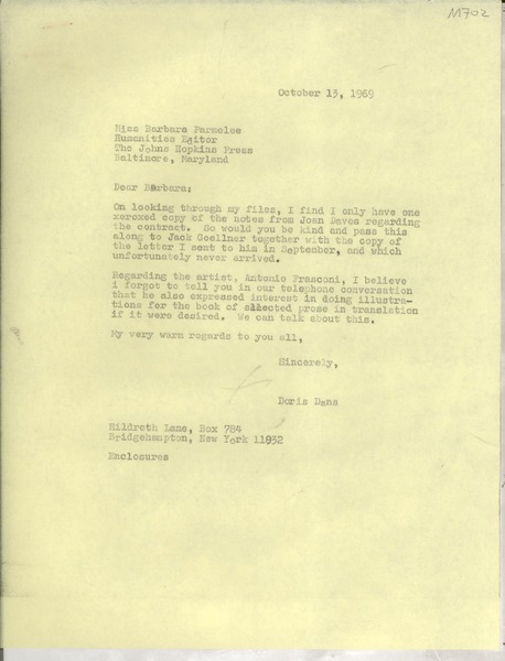 [Carta] 1969 Oct. 13, Bridgehampton, New York, [EE.UU.] [a] Barbara Parmelee, Humanities Editor, The Johns Hopkins Press, Baltimore, Maryland, [EE.UU.]