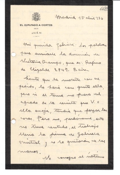 [Carta] 1936 abr. 15, Madrid [a] Gabriela Mistral