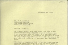 [Carta] 1969 Sept. 10, [EE.UU.] [a] Mr. J. G. Goellner, Editorial Director, The John Hopkins Press, Baltimore, Maryland, [EE.UU.]
