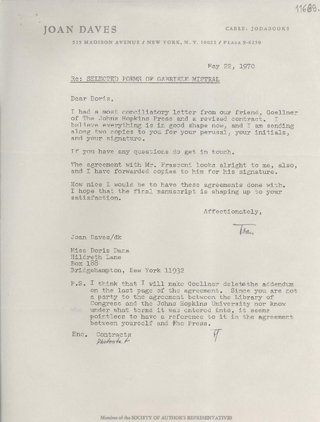 [Carta] 1970 May 22, [New York, Estados Unidos] [a] Miss Doris Dana, Hildreth Lane, Box 188, Bridgehampton, New York