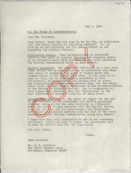 [Carta] 1970 May 7, [Estados Unidos] [a] Mr. J. G. Goellner, The Johns Hopkins Press, Baltimore, Maryland