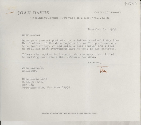 [Carta] 1969 Dec. 24, [New York, Estados Unidos] [a] Miss Doris Dana, Hildreth Lane, Box 188, Bridgehampton, New York