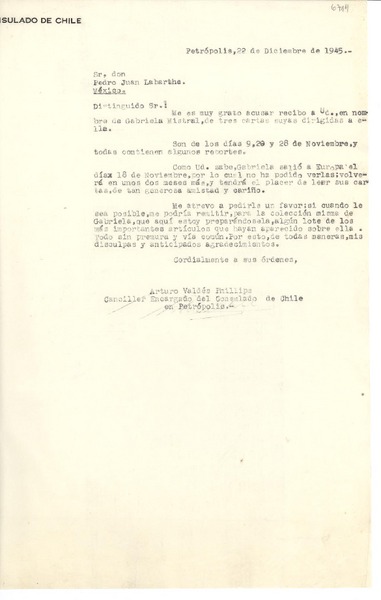 [Carta] 1945 dic. 22, Petrópolis, [Brasil] [a] Pedro Juan Labarthe, México