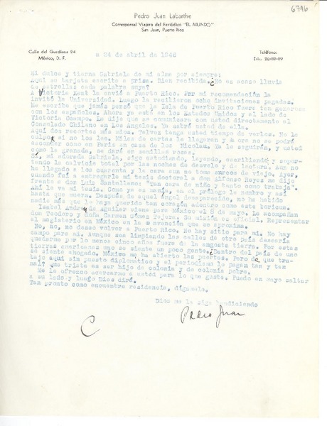 [Carta] 1946 abr. 24, México D.F. [a] Gabriela Mistral
