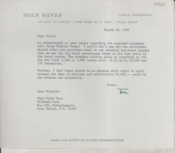 [Carta] 1969 Aug. 28, [New York, Estados Unidos] [a] Miss Doris Dana, Hildreth Lane, Box 188, Bridgehampton, Long Island, N. Y.