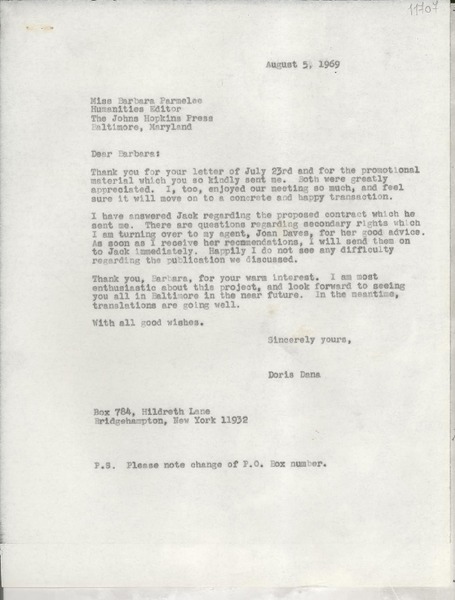 [Carta] 1969 Aug. 5, Bridgehampton, New York, [Estados Unidos] [a] Miss Barbara Parmelee, Humanities Editor The Johns Hopkins Press, Baltimore, Maryland