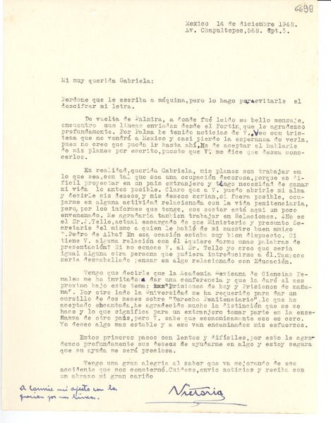 [Carta] 1948 dic. 14, México [a] Gabriela Mistral