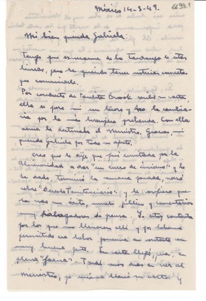 [Carta] 1949 mar. 14, México [a] Gabriela Mistral