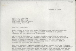[Carta] 1969 Aug. 5, Box 784, Hildreth Lane, Bridgehampton, New York, [Estados Unidos] [a] Mr. J. G. Goellner, Editorial Director The Johns Hopkins Press, Baltimore, Maryland