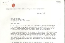 [Carta] 1969 July 18, [Baltimore, Maryland, Estados Unidos] [a] Miss Doris Dana, Box 188, Hildreth Lane, Bridgehampton, New York
