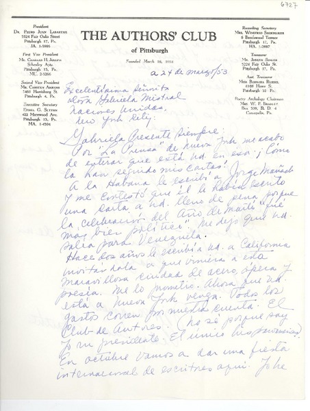 [Carta] 1953 mar. 24, Pittsburgh, [Pennsylvania] [a] Gabriela Mistral, New York