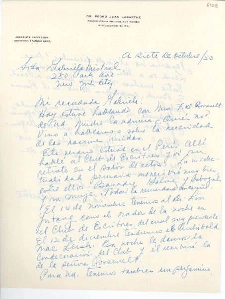 [Carta] 1953 oct. 7, Pittsburgh, Pennsylvania, [EE.UU.] [a] Gabriela Mistral, New York, [EE.UU.]