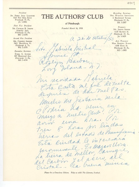 [Carta] 1953 oct. 22, Pittsburgh, Pennsylvania [a] Gabriela Mistral, Long Island, [New York]