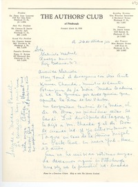 [Carta] 1953 oct. 26, Pittsburgh, Pennsylvania, [EE.UU.] [a] Gabriela Mistral, Long Island, New York, [EE.UU.]