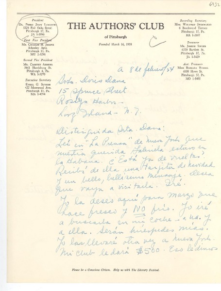 [Carta] 1954 feb. 8, Pittsburgh, Pennsylvania, [EE.UU.] [a] Doris Dana, Long Island, New York, [EE.UU.]