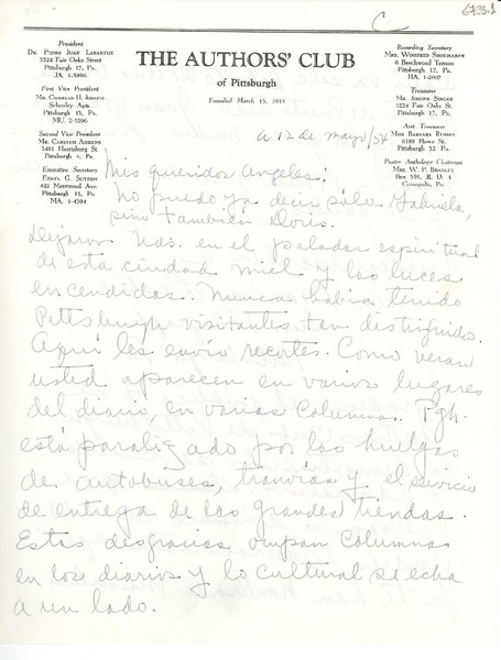 [Carta] 1954 mayo 12, Pittsburgh, [Pennsylvania] [a] Gabriela y Doris