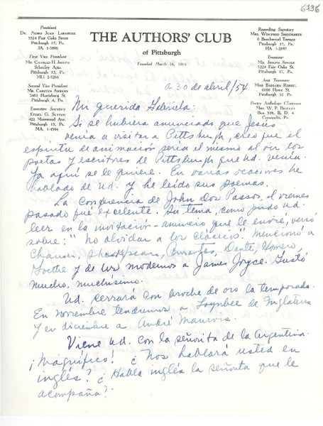 [Carta] 1954 abr. 30, Pittsburgh, [Pennsylvania] [a] Gabriela Mistral