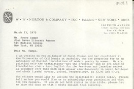 [Carta] 1975 Mar. 13, [New York, Estados Unidos] [a] Ms. Joyce Campe, Joan Daves literary Agency, 515 Madison Avenue, New York, NY
