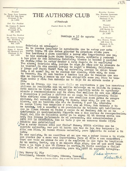 [Carta] 1954 ago. 15, Pittsburgh, [Pennsylvania] [a] Gabriela Mistral