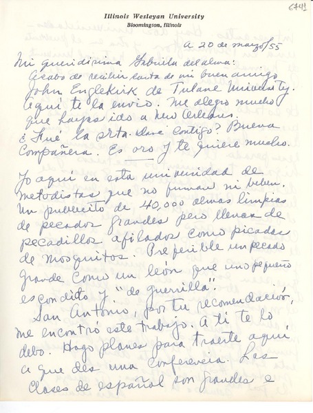 [Carta] 1955 mar. 20, Bloomington, Illinois [a] Gabriela Mistral
