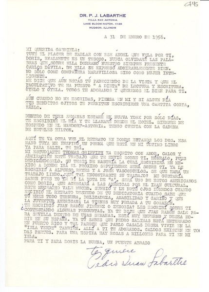 [Carta] 1956 ene. 31, Hudson, Illinois [a] Gabriela Mistral