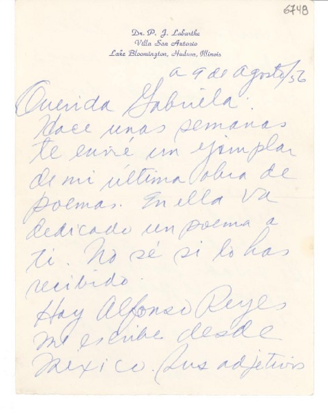 [Carta] 1956 ago. 9, Hudson, Illinois [a] Gabriela Mistral